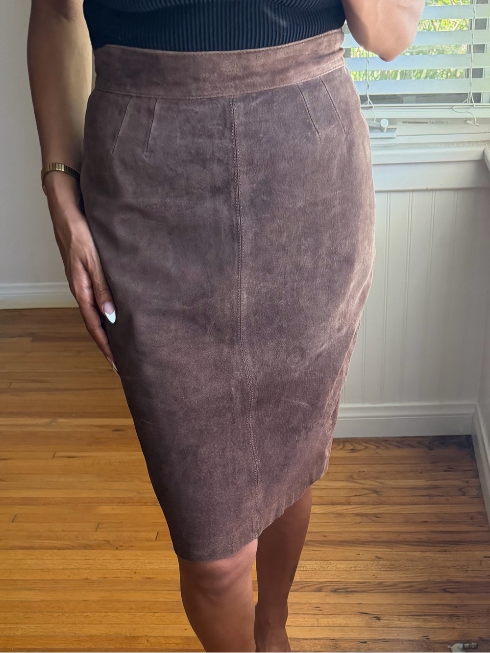 Tailored Suede Pencil Skirt in Taupe- fits like a 2 in US.